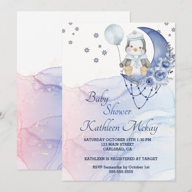 Invitación Whimsical Wonderland Blue Penguin Niño ducha (Anverso / Reverso)