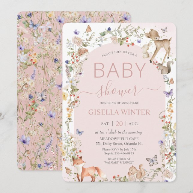Invitación Whimsical Woodland Animals Wildflower Baby Shower  (Anverso / Reverso)