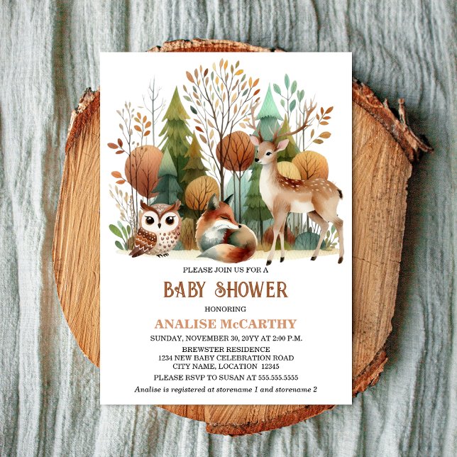 Invitación Whimsical Woodland Baby Shower (Whimsical woodland baby shower invitation front view.)
