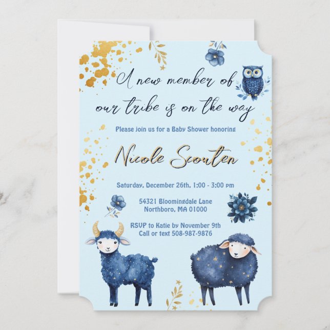 Invitación Whimsical Woodland Blue Gold Baby Shower (Anverso)