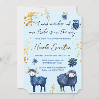 Invitación Whimsical Woodland Blue Gold Baby Shower