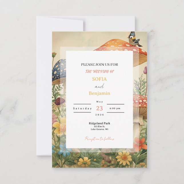 Invitación Whimsical Woodland Mushrooms & Wildflowers Wedding (Anverso)