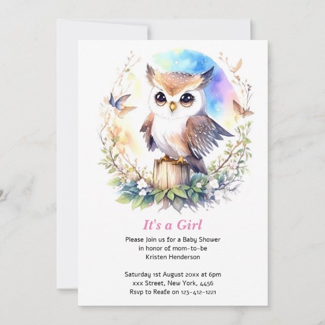 Invitación Whimsical Woodland Owl Baby Girl Shower (Anverso)