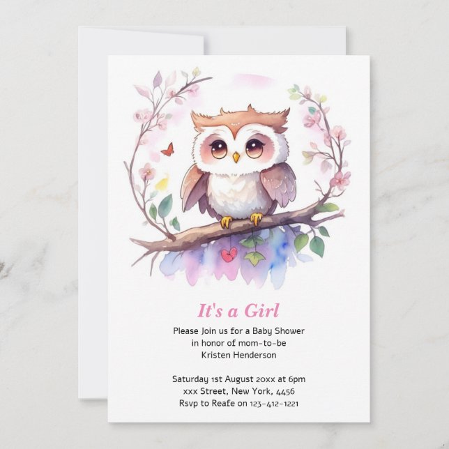 Invitación Whimsical Woodland Owl Chica Baby Shower (Anverso)