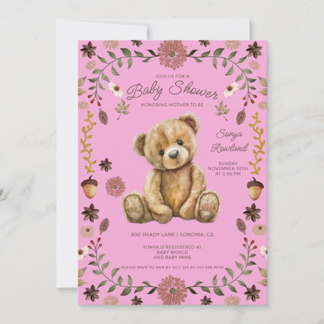 Invitación Whimsical Woodland Teddy Bear Pink Baby Shower (Anverso)