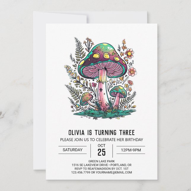 Invitación Whimsical Woods Digital Mushroom Cumpleaños (Anverso)