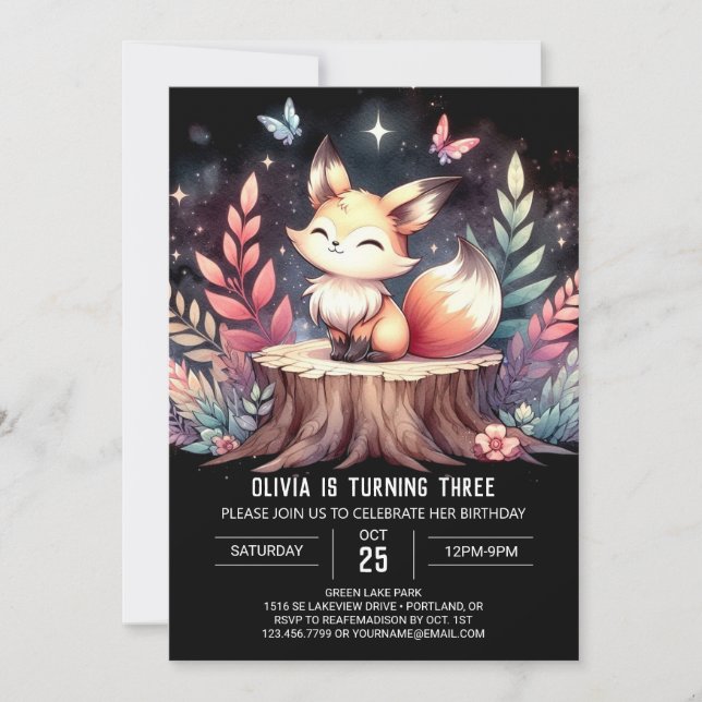 Invitación Whimsical Woods Fox Birday (Anverso)