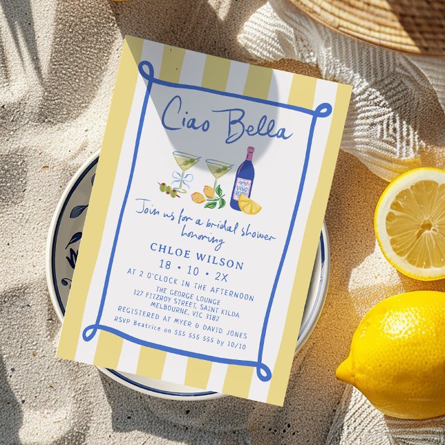 Invitación Whimsical Yellow Blue Ciao Bella Bridal Shower (Ciao Bella Bridal Shower Invitation, That's Amore Bridal Shower Invite, Italian Themed Yellow Blue)