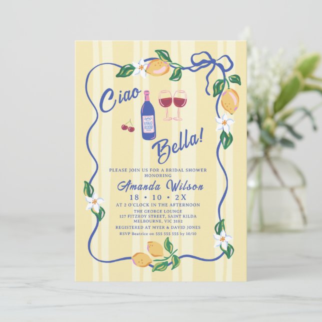 Invitación Whimsical Yellow Strip Ciao Bella Bridal Shower (Anverso de pie)