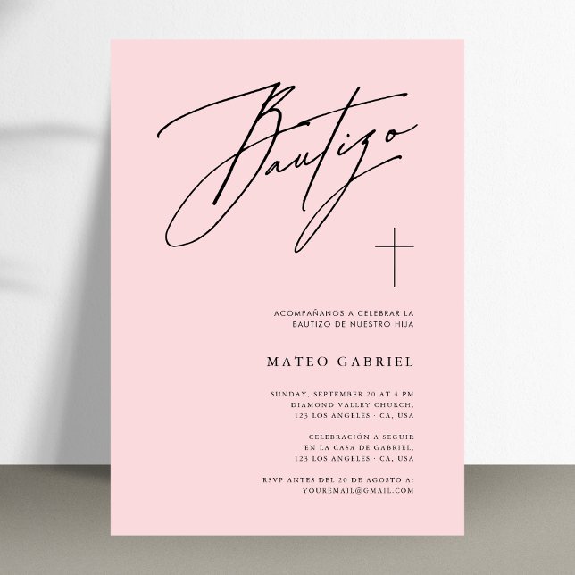 Invitación Whimsy caligrafía bautizo castellano rosa Bautizo (Subido por el creador)