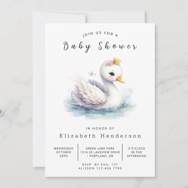 Invitación Whimsy Digital Swan Baby Shower (Anverso)