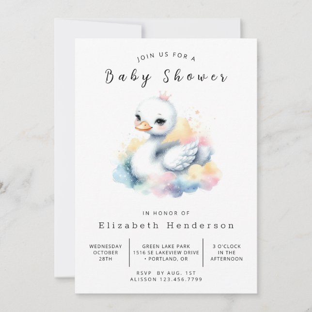 Invitación Whimsy Digital Swan Baby Shower (Anverso)