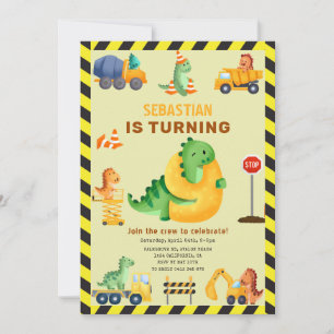 Invitación Whimsy Dinosaur Construction 9ª fiesta de cumpleañ