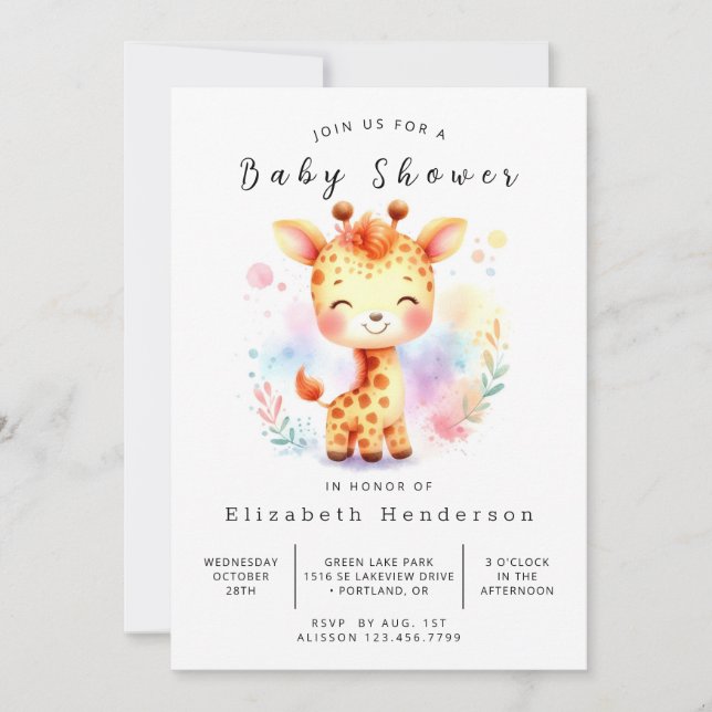 Invitación Whimsy Personalizado Giraffe Baby Shower (Anverso)