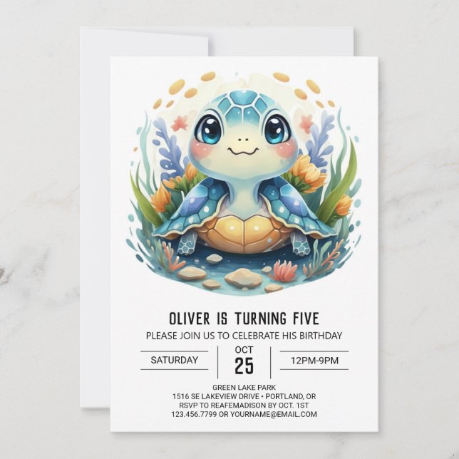 Invitación Whimsy Printable Watercolor Turtle Boy Cumpleaños (Anverso)