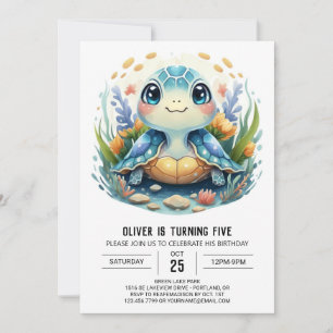 Invitación Whimsy Printable Watercolor Turtle Boy Cumpleaños
