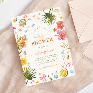 Invitación Whimsy Tropical Shell Coquette Bow Baby Shower