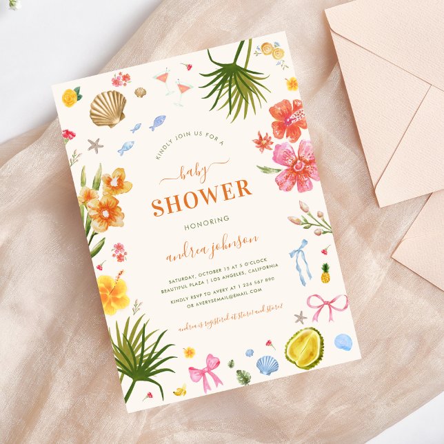 Invitación Whimsy Tropical Shell Coquette Bow Baby Shower (Subido por el creador)