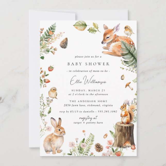 Invitación Whimsy Woodland | Baby Shower de animales de la se (Anverso)