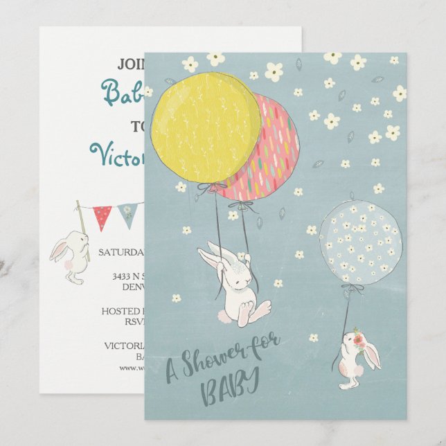 Invitación Whimvista Balloon Bunny Rabbits Baby Shower (Anverso / Reverso)