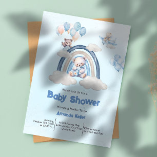 Invitación Whimy Blue Rainbow Teddy Bear Baby Shower