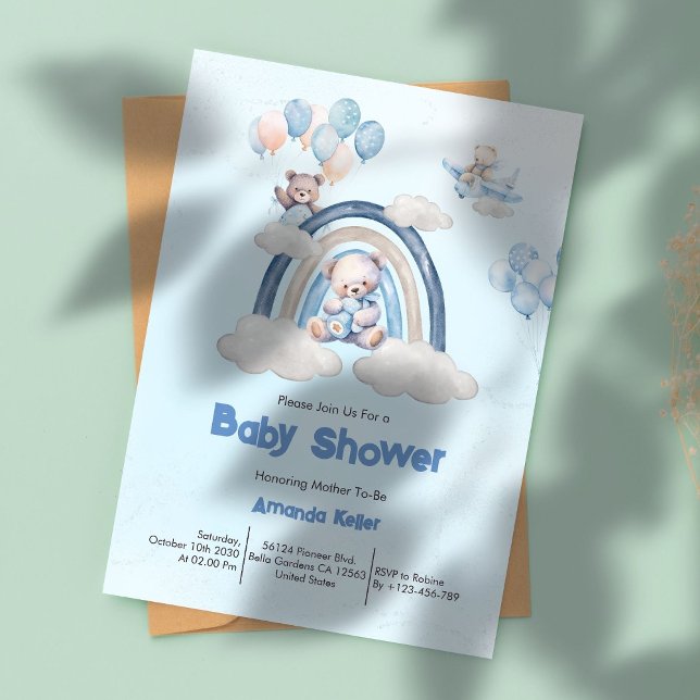 Invitación Whimy Blue Rainbow Teddy Bear Baby Shower (Subido por el creador)