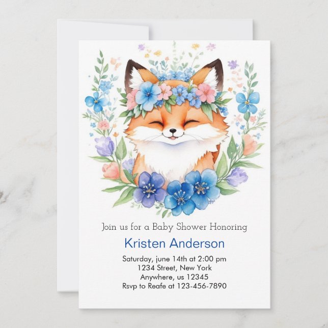 Invitación Whimy Boho Blue Fox Meadow Boy Baby Shower (Anverso)