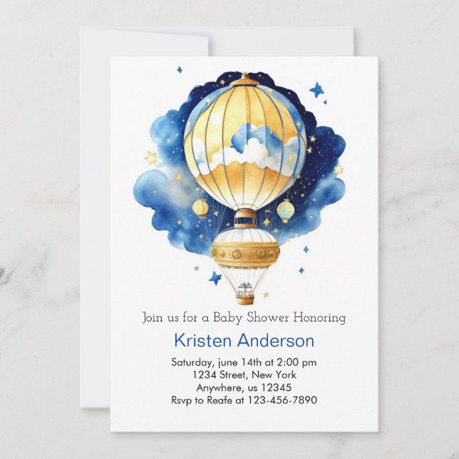Invitación Whimy Boho Hot Air Balloon Boy Baby Shower (Anverso)