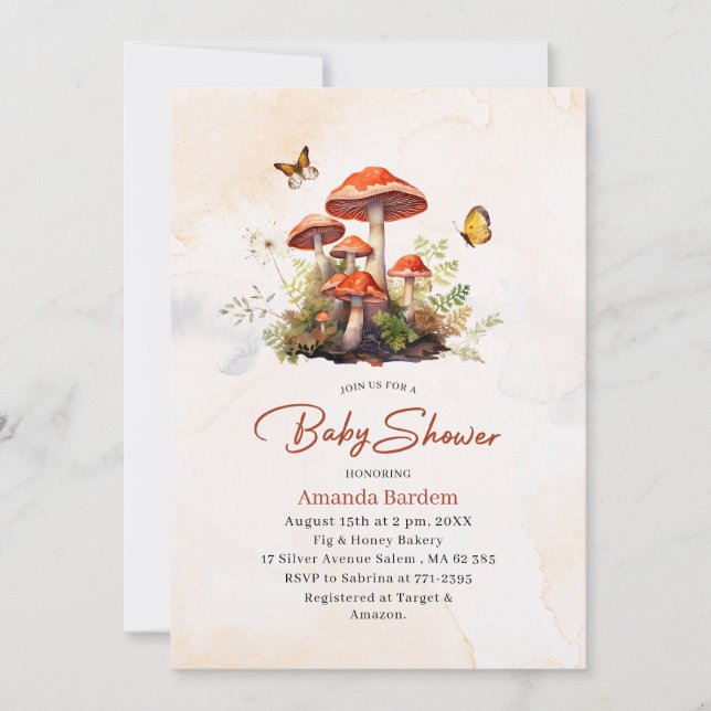 Invitación Whimy Mushroom Watercolor Ducha para bebé (Anverso)
