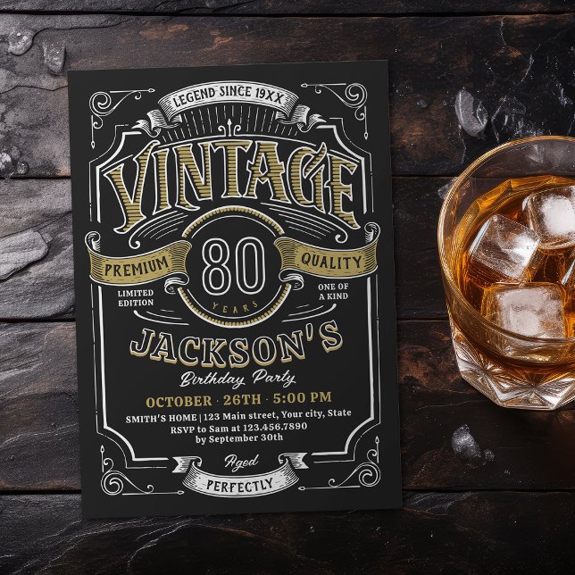Invitación Whiskey 80th Birthday (Any Age Vintage Whiskey 80th Birthday Invitation)