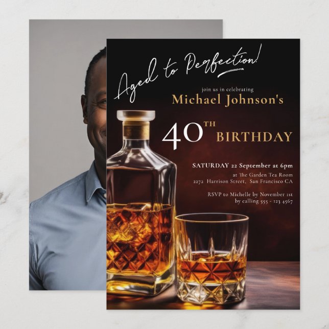 Invitación Whiskey Black Gold Photo 40th Birthday Fiesta (Anverso / Reverso)