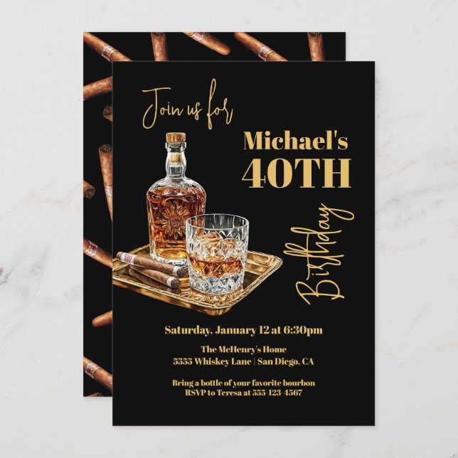 Invitación Whiskey Bourbon y la bandeja de oro del cumpleaños (Anverso / Reverso)