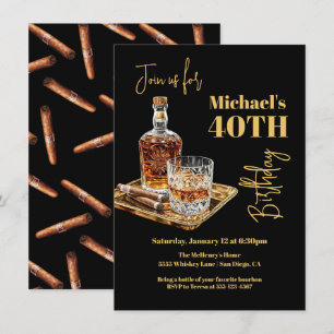Invitación Whiskey Bourbon y la bandeja de oro del cumpleaños