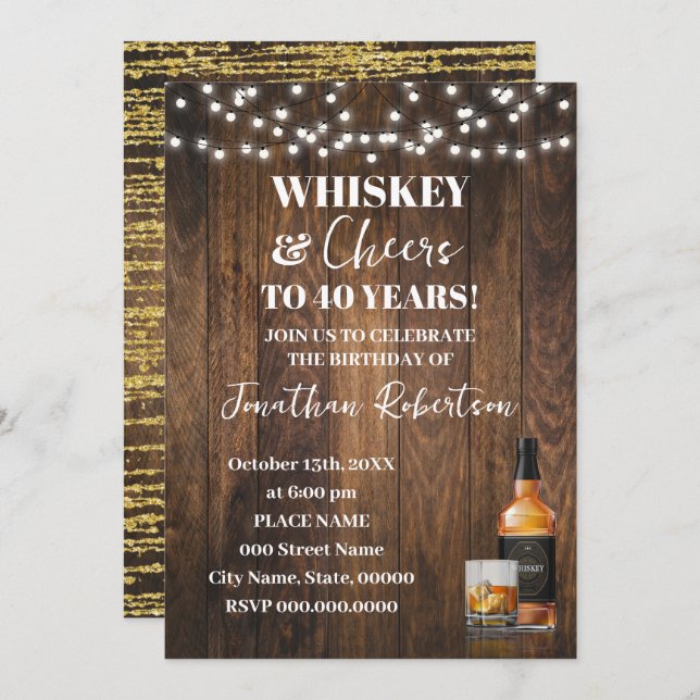 Invitación Whiskey & Cheers Western Adult Birthday Party (Anverso / Reverso)