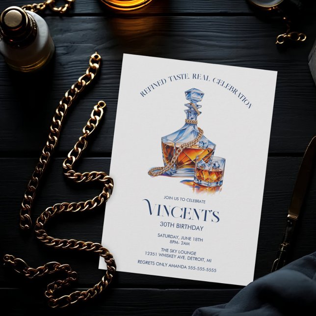 Invitación Whiskey & Gold Cuban-Link Chain Men’s Birthday (Men's Whiskey and Gold Cuabn Link Invitation)