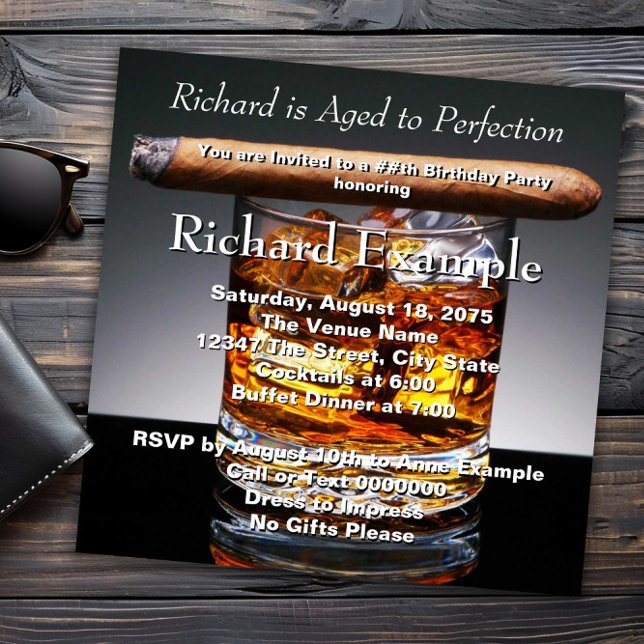 Invitación Whiskey y Cigar Birthday Party (Whiskey and cigar birthday party invitation and any occasion or event. All text can be changed.)
