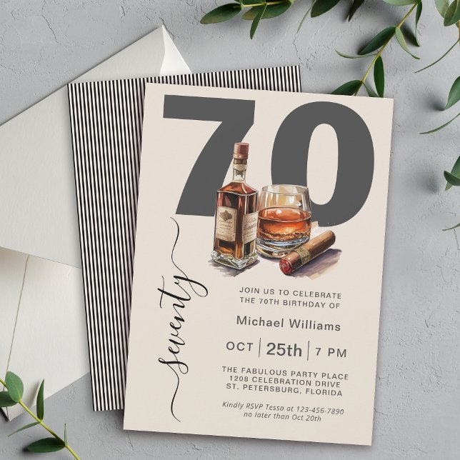 Invitación Whiskey y Cigars Masculine 70th Birthday Party (Available in both printed and instant download digital formats.)