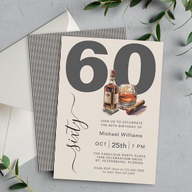 Invitación Whiskey y Cigars Masculine Fiesta de cumpleaños nú (Available as printed and paperless digital download!)