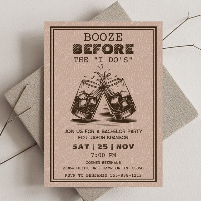 Invitación Whisky Bacheler Party (Booze Before I Do's Brown Wood Modern Bachelor Invitation.)