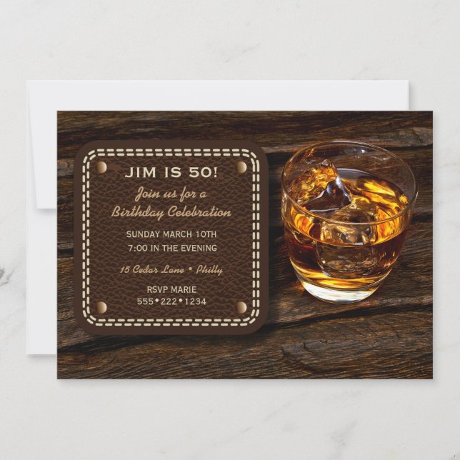 Invitación Whisky escocés de cuero madera masculino (Anverso)