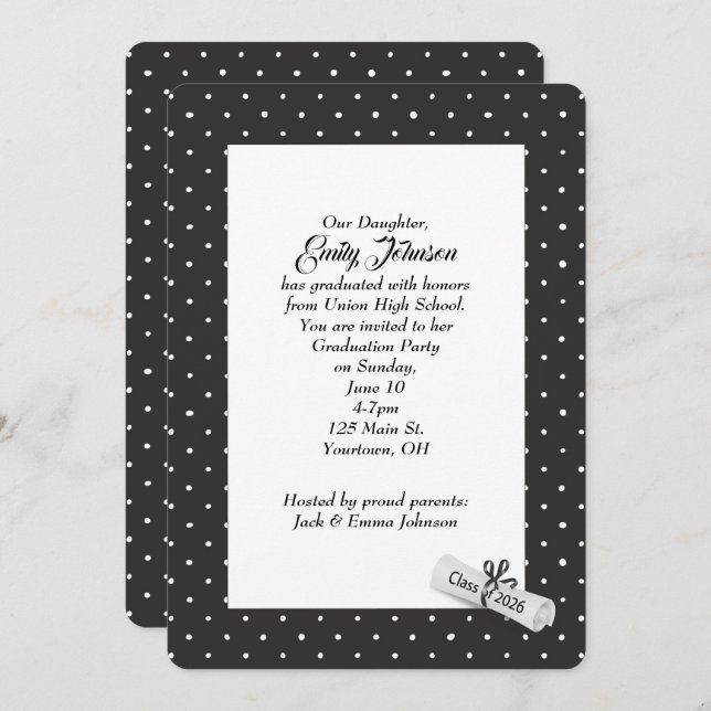 Invitación White 2026 Diploma on Polka Dot Pattern (Anverso / Reverso)