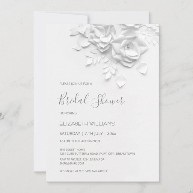 Invitación White 3D Flowers Roses Minimalist Bridal Shower  (Anverso)