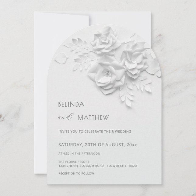 Invitación White 3D Flowers Roses Minimalist Wedding (Anverso)