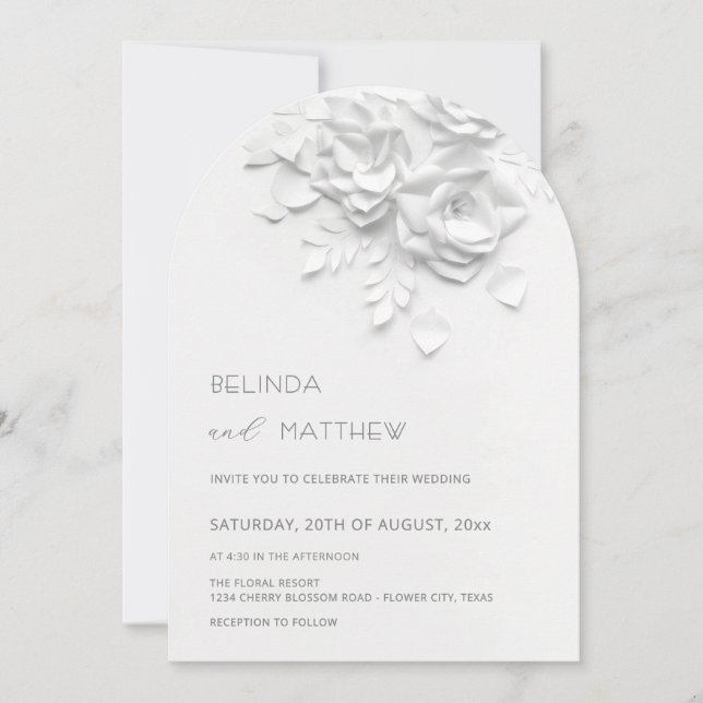 Invitación White 3D Flowers Roses Minimalist Wedding (Anverso)