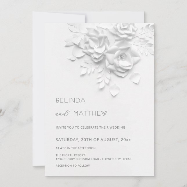 Invitación White 3D Flowers Roses Minimalist Wedding Invitati (Anverso)