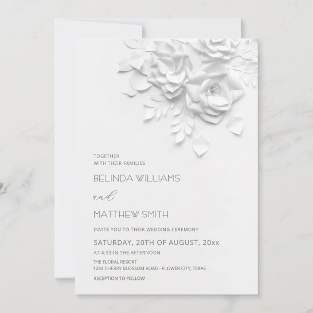 Invitación White 3D Flowers Roses Simple Wedding (Anverso)