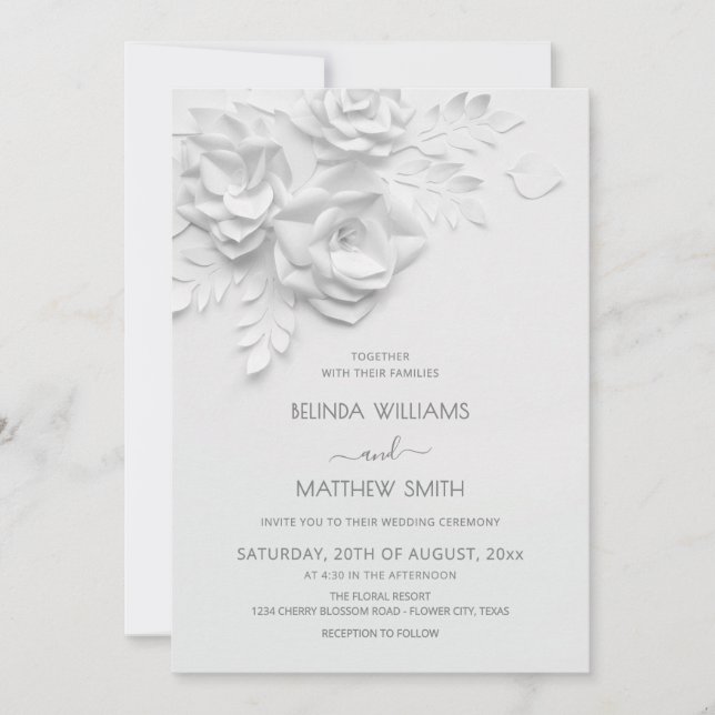 Invitación White 3D Flowers Roses Simple Wedding (Anverso)