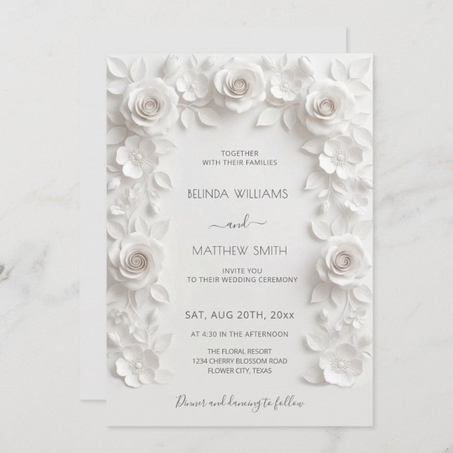 Invitación White 3D Roses Frame Wedding Minimalist (Anverso / Reverso)
