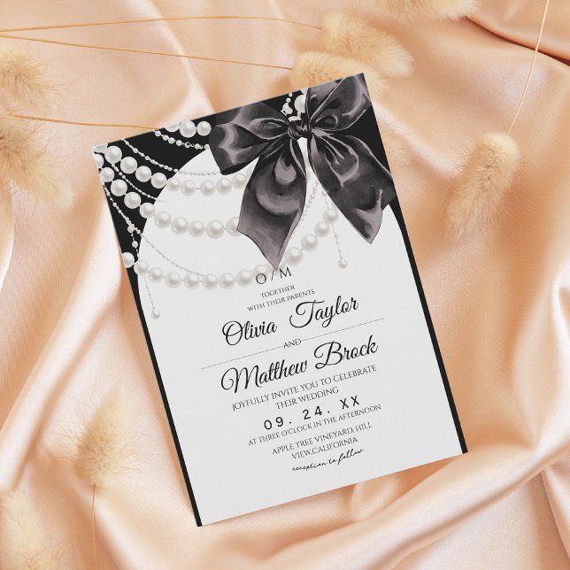 Invitación White and Black Bow Pearls Modern Elegant Wedding (Subido por el creador)