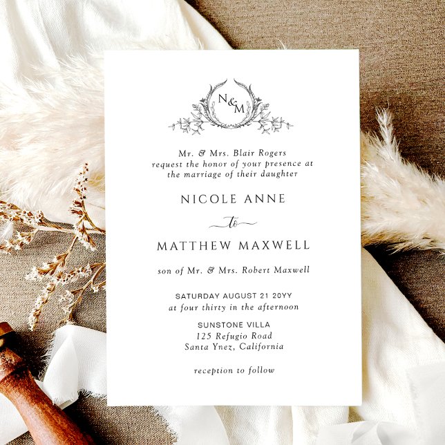 Invitación White and Black, Formal Elegant Monogram Wedding (Subido por el creador)